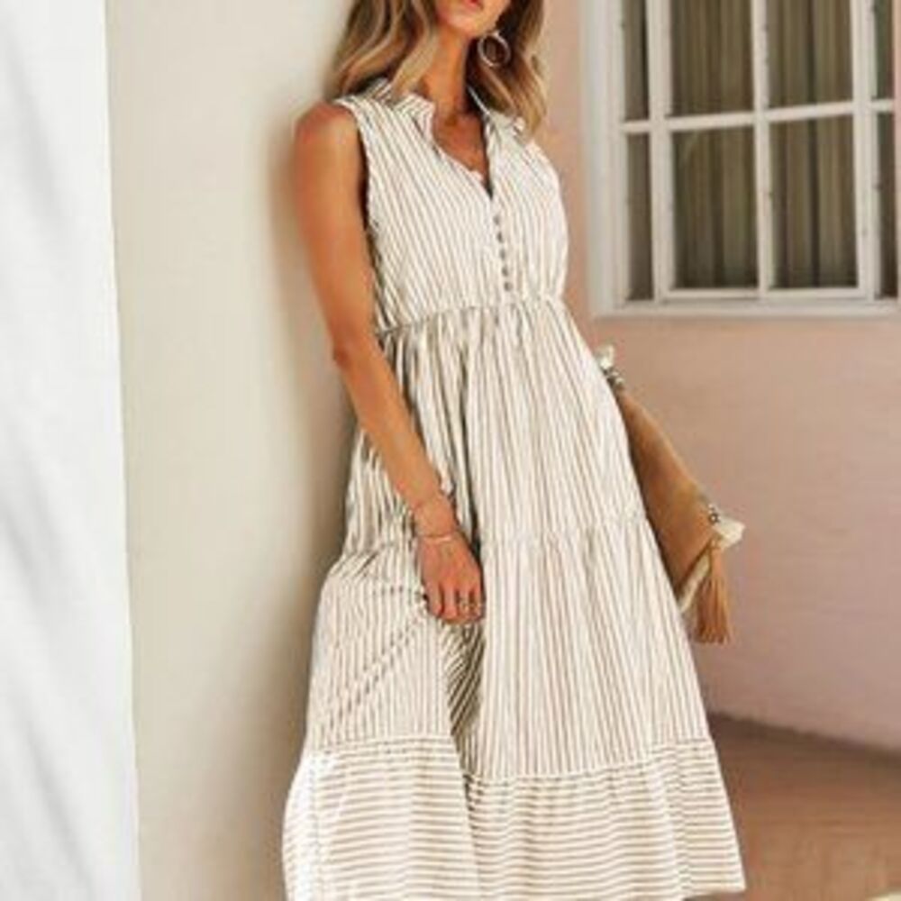 Multicolor Boho Womens Striped Print Notched Neck A-line Dress - Picture 5 of 5